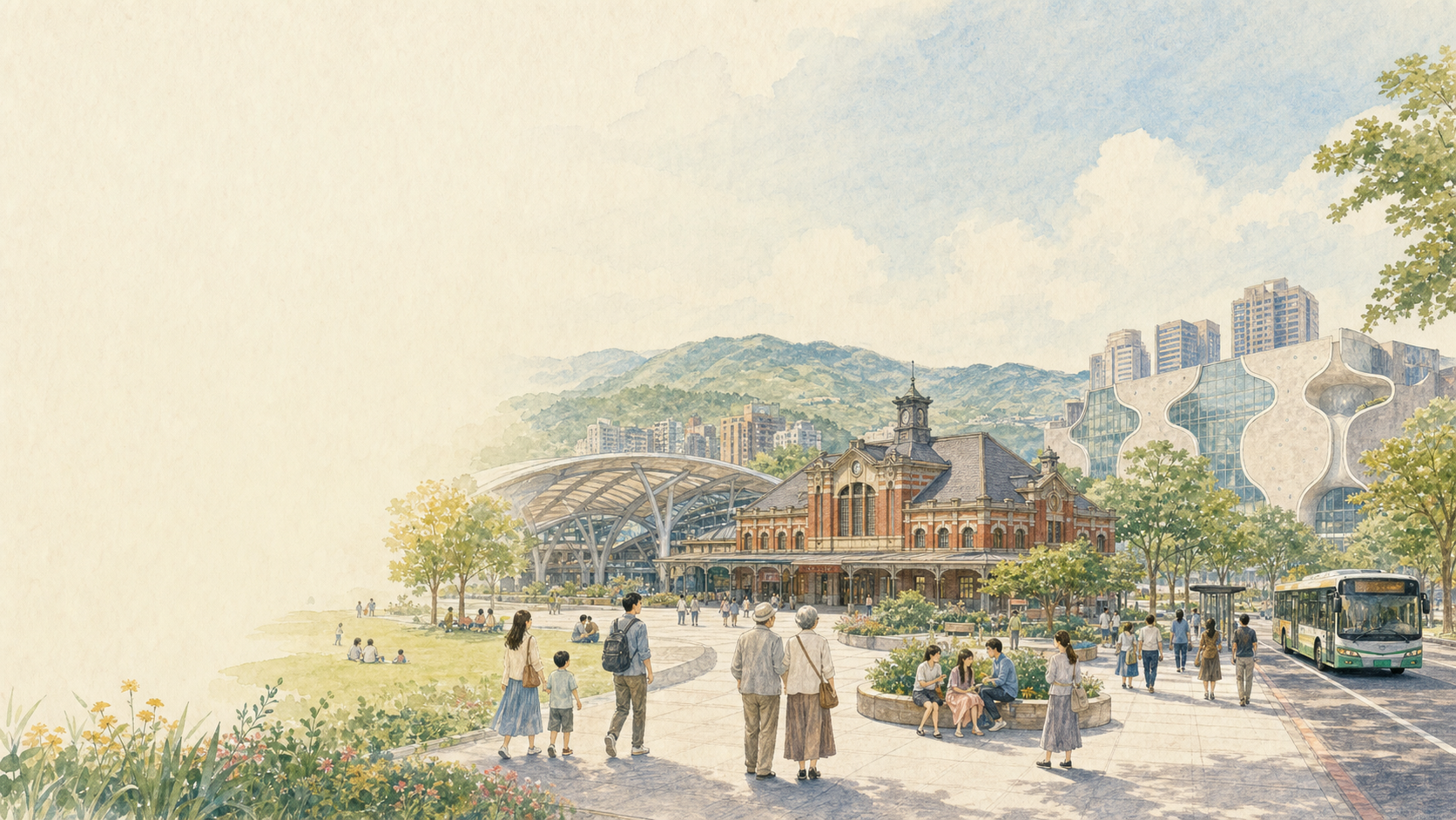 手繪水彩描繪臺中車站、國家歌劇院、城市公園、公車與大坑山景