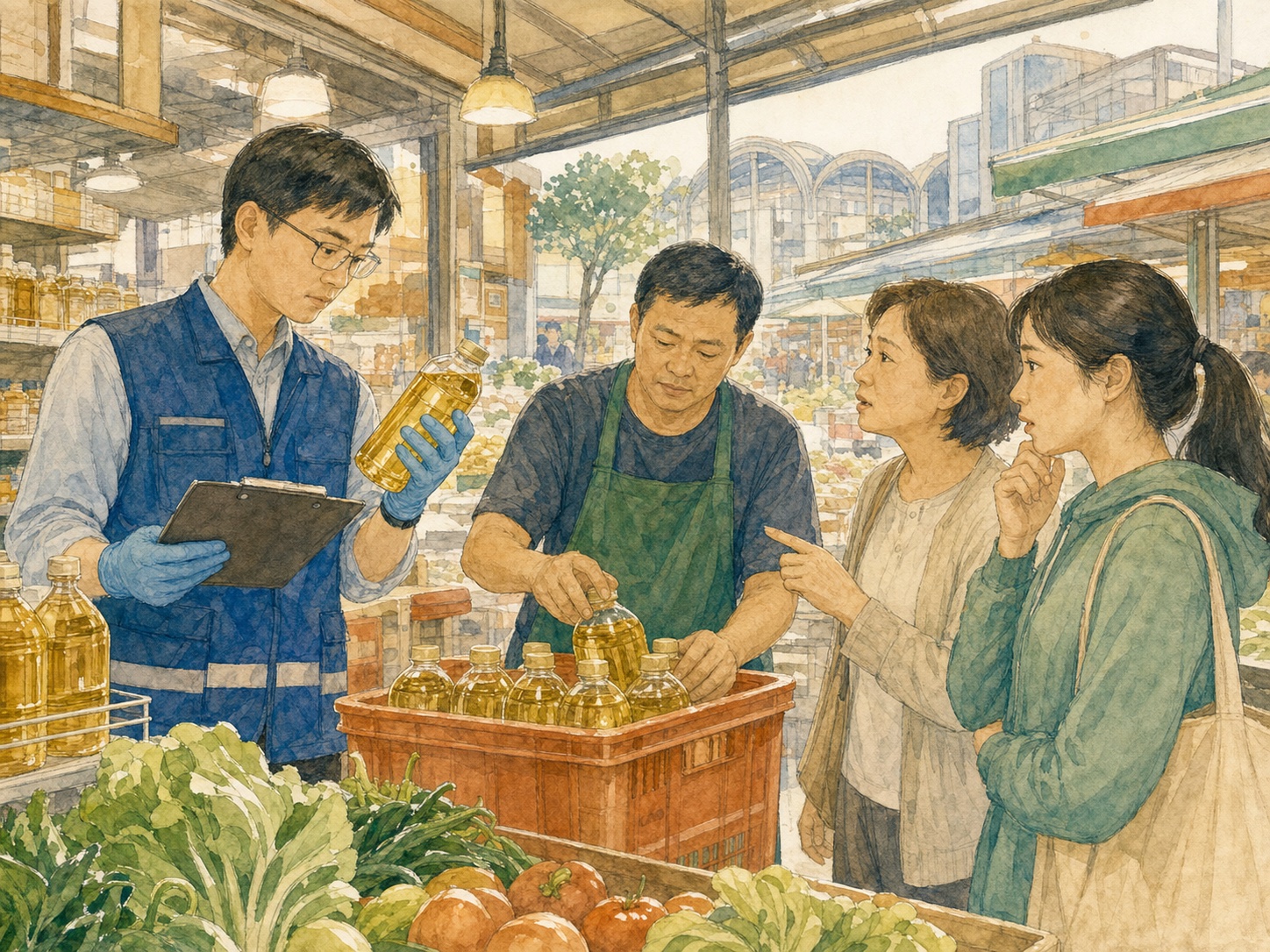 食品安全:問題大豆油持續追查與下架,資訊透明與處置速度讓你安心嗎?的手繪水彩議題插畫