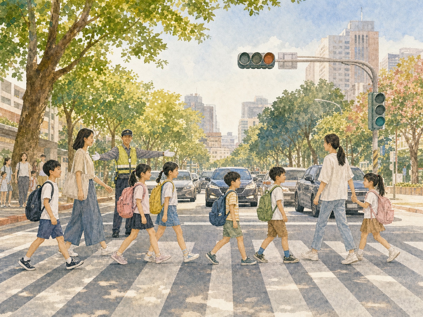 校園道安:校園周邊新增行人專用時相後,上下學真的更安全嗎?的手繪水彩議題插畫
