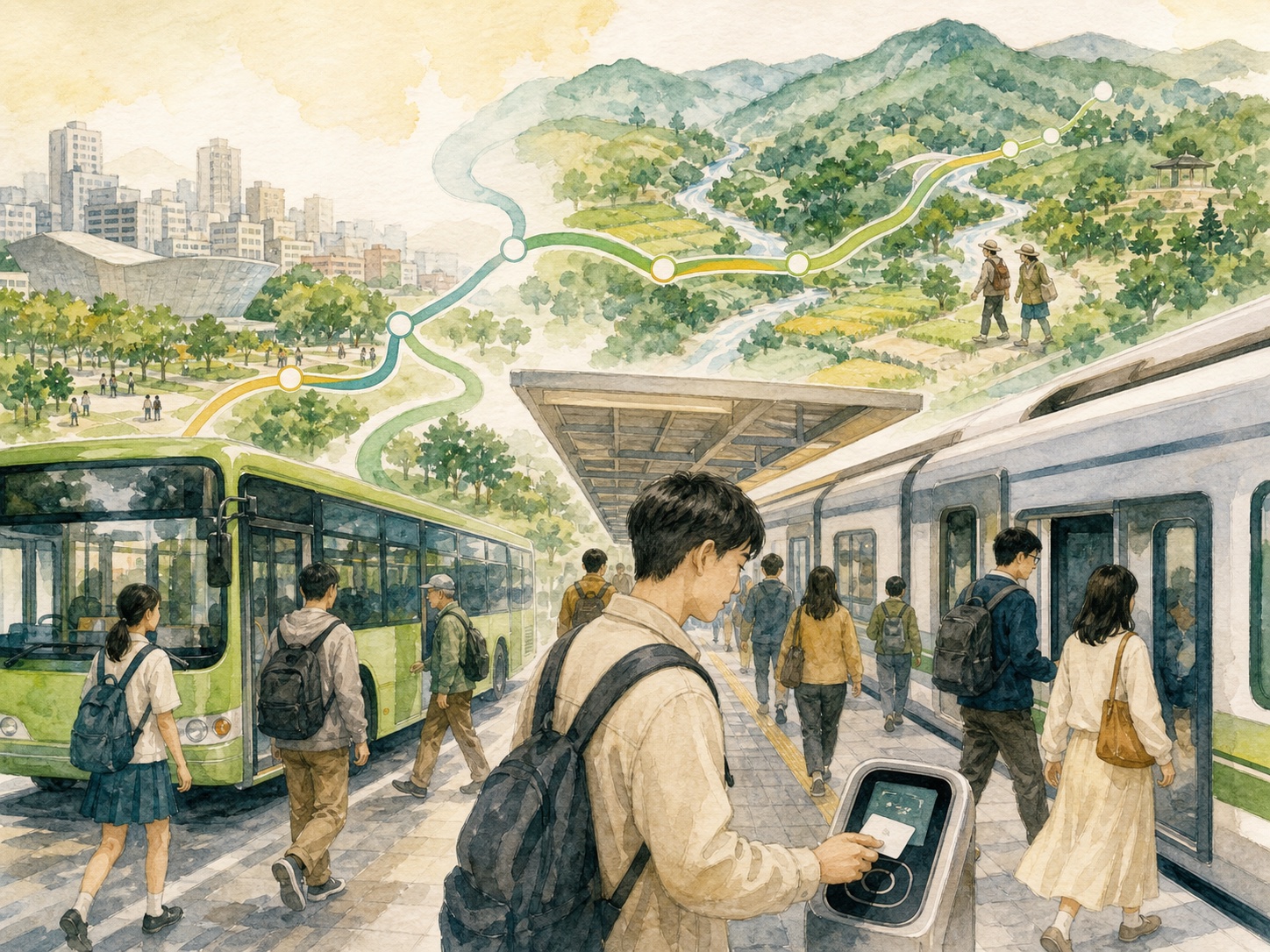 通勤負擔:中部 TPASS 累售破百萬張,價格與轉乘服務符合你的通勤需求嗎?的手繪水彩議題插畫